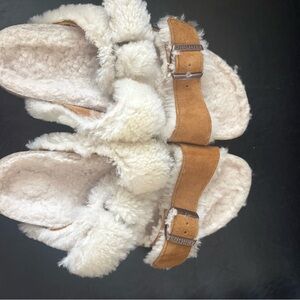 Birkenstock Tan Suede & Cream Shearling Two-Band Sandals